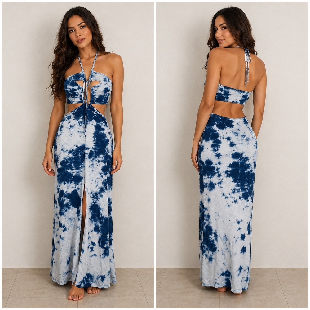 Mapale Blue Tie Dye Halter Maxi Dress Cutout Open Back Front Slit Medium